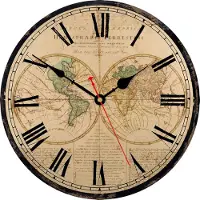 Merkloos Wandklok 34 cm, houten klok, wereldkaart, stil uurwerk, voor kantoor
