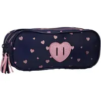 Merkloos Etui 22 cm, blauw, 2 vakken, hartjes design, voor school