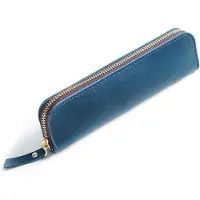 Merkloos Leren pennenetui 7,8 inch, 4 penlusjes, ritssluiting, panblauw, voor school