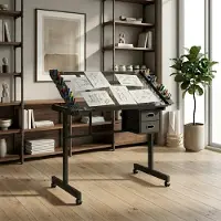 MODFU - Tekentafel - Verstelbaar Glazen Blad - Met Wielen - Zwart - 103 X 60 X 78 Cm