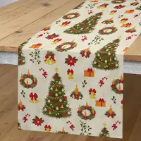 Abakuhaus Kerst Tafelloper, Cartoon Bomen Belletjes, Rechthoekige Decoratieve Tafelloper voor Eetkamer en Keuken, 40 x 300 cm, Eierschaal Olijfgroen