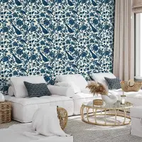 Bimago Behang - Birds and roses - monochrome blue pattern with botanical motif