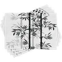 Abakuhaus Levensboom Placemats Set van 4, Monochroom Eenvoudig Ontwerp Silhouetten van Boom Bladeren Japans Boho Afbeelding, Wasbare Stoffen Placemats voor de Eettafel, Standaardformaat, Wit en Zwart