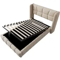 OKWISH Boxspringbed 90x200 met opbergruimte, kinderbed met lattenbodem en hoofdeinde, eenpersoonsbed in beige, zonder matras