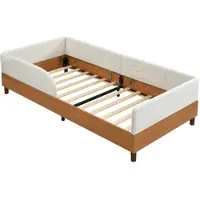 OKWISH Kinderbed 90x200, bekleed bed met veiligheidsreling, eenpersoonsbed met twee opbergzakken, bedframe, fluweel, houten design, wit (zonder matras)