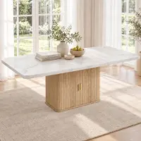 Flieks Eettafel met een opvallend design, dikke tafelblad, keukentafel met opbergruimte, geschikt voor 6-8 personen, 150/200 * 90 cm, wit