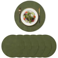 Famanu – Olijfgroen PU faux ronde placemats set van 6, 38 cm, vuilafstotend, hittebestendig