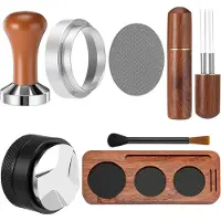 VHV -Barista set - Espresso accessoires - Set van 7 - 58 mm - Doseerring - WDT tool & puck screen - Schoonmaakborstel - Voor pistonmachine - RVS - Houttint