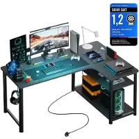 COMHOMA GTPLAYER Hoekbureau, computerbureau voor gaming met plank, USB-oplaadpoort en stopcontact (1 stuk), 120cm, L-vormig, PC-bureau voor kantoor