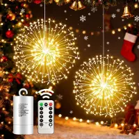 Salcar 198 LED-lichtketting voor vuurwerk, met afstandsbediening, 2 stuks, 8 modi, hangende tuinverlichting, weerbestendig, kerstverlichting, LED-lichtketting
