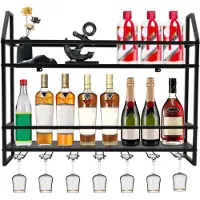 Famanu – Wandgemonteerd wijnrek met 2 planken en 7 haken, bamboe, voor keuken, bar, eetkamer, woonkamer, vintage zwart