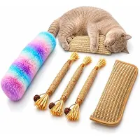 Merkloos Katten speelgoed set, 5-delig, bestaande uit sisal tandjes en een pluche krabmat, voor binnenshuis
