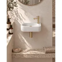 Qeramiq Fuente fonteinset – 40x21.5x12 cm – keramiek wit glans – kraangat rechts – geborsteld gouden kraan SW1209550/SW696208/SW696218/SW696238
