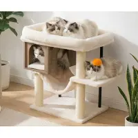 Merkloos Kartonnen krabpalen met groot pluche platform (54x40 cm), houten huisje, 57,5 cm hoog, voor katten
