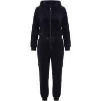 Ulla Popken - Dames - Homewear overall pluche stippen capuchon lange mouwen - Zwart - Maat 42+