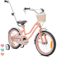 Sun baby Hartfiets kinderfiets voor meisjes, 16 inch, geschikt vanaf 4 jaar, met stabilisatorwielen, afneembare duwstang, mandje, bel, achterrem en V-rem