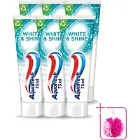 Aquafresh 6 x White & Shine - Whitening Tandpasta - 75 ml - Bulkverpakking - Witte tanden - Douchemop - Glans tanden