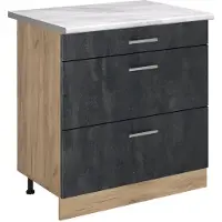 Vicco Keukenonderkast R-Line Zwart beton/Goudkleurig Eiken 80 cm met 3 laden marmer werkblad, Model 72454