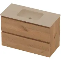 Basic Line Rocky 46 Badmeubel 100x46x62cm - Greeploos - Wastafel Midden Sand Stone - Zonder Kraangat - Whisky Oak - Badkamermeubels, Badmeubel Sets