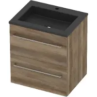 Basic Line Aura 46 Badmeubel 60x46x62cm - Opbouwgreep - Wastafel Midden Mat Zwart - 1 Kraangat - Scotch Oak - Badkamermeubels, Badmeubel Sets