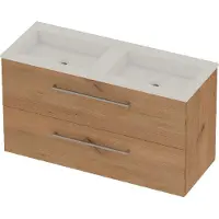 Basic Line Aura 46 Badmeubel 120x46x62cm - Opbouwgreep - Wastafel Dubbel Glans Wit - Zonder Kraangat - Whisky Oak - Badkamermeubels, Badmeubel Sets