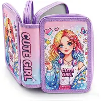 Merkloos Etui met 3 vakken, groot, paars met paardenmotief, geschikt voor school en kinderen