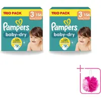 Pampers 2 x – Luiers – Baby-Dry Trio Pack Maat 3 (6-10 kg) – 156 Luiers - Bulkverpakking - Baby luiers - Douchemop - Droge luiers