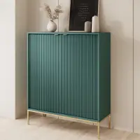 Ravio Groene, moderne, geribbelde hoge commode KIOTO KW2D, gouden frame, kast, hoge kast