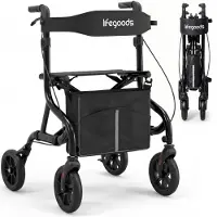 LifeGoods Rollator Lichtgewicht en Opvouwbaar (5,9KG) – Met Zitje en Stokhouder – Voor Binnen en Buiten – Verstelbaar tot 200CM Lichaamslengte – Tot 136KG Draagkracht – Zwart