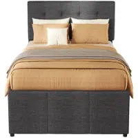 OEM Enkelbed – Kinderbed – Bed met stoffen bekleding – Bed met opbergruimte – 90x200 cm – Verstelbaar hoofdeinde – Grijs laken