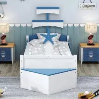 OEM Houten kinderbed - Bootvorm - Met lades - Opbergruimte aan het voeteneinde - Enkelbed - Blauw
