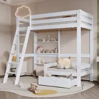 OEM Enkelbed – Kinderbed – Halfhoogslaper – Stapelbed – Wit – 90x200 cm – Ruimtebesparend – Met zitgedeelte en lade – Stevig massief houten frame