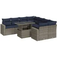 vidaXL 9-delige tuinmeubelset met kussens, grijs, polyrotan, acaciahout