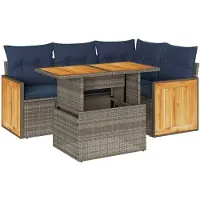 vidaXL 5-delige tuinmeubelset met kussens, grijs, polyrotan, acaciahout
