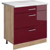 Vicco Keukenonderkast R-Line Rode hoogglans/Goudkleurig Eiken 80 cm met 3 laden marmer werkblad, Model 72450