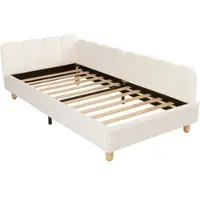 MODFU beklede kinderbed 90x200 met veiligheidsreling en zijvak, kinderbed met beklede kop- en voeteneinde en poten van massief hout, zonder matras, beige