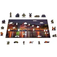 Wooden City Amsterdam bij Nacht XL - Houten Vormpuzzel - 600 stukjes - 52x38 cm
