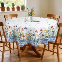 Merkloos Ronde tafelkleed, blauw met bloemenprint, 178 x 178 cm, waterafstotend, geschikt voor de keuken