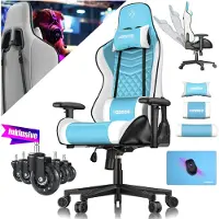 Kesser Gamingstoel - ergonomisch met hoofdsteun en lendenkussen - 150 kg belastbaar - lichtblauw/wit