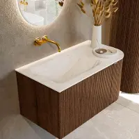 Mondiaz KURVE-DLUX 85cm badmeubel met module 25 R kleur Walnut met 1 lade en 1 deur. Wastafel CLOUD links zonder kraangat kleur Ostra. KRVCLO85R1L1D0KL-Wal/Ost