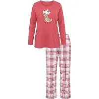 Ulla Popken - Dames - Pyjama reekalfje ronde hals lange mouwen - Roodbruin - Maat 62+