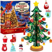 Merkloos Adventskalender van hout, in de vorm van een kerstboom, met 24 vakjes, inclusief LED-verlichting, voor kinderen