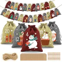 Merkloos Adventskalender tasjes, stoffen zakjes, 24 stuks, met kerstmotieven, om te vullen, voor kerstdecoratie