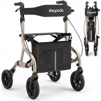 LifeGoods Rollator Lichtgewicht en Opvouwbaar (5,9KG) – Met Zitje en Stokhouder – Voor Binnen en Buiten – Verstelbaar tot 200CM Lichaamslengte – Tot 136KG Draagkracht – Champagne