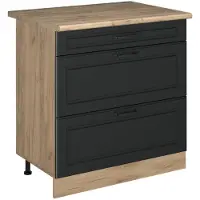 Vicco Keukenonderkast R-Line Antraciet landelijk/Goudkleurig Eiken 80 cm met 3 laden goudkleurig eiken werkblad, Model 72441