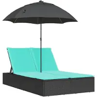 vidaXL Dubbele ligbed met kussen en parasol, zwart, polyrotan