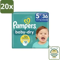 Pampers 20 x – Luiers – Baby-Dry Maat 5+ (12-17 kg) – 36 Luiers - Wasstrips - Baby-luiers - Droge Huid - Droogheid - Absorberende Luiers - Baby Droogheid