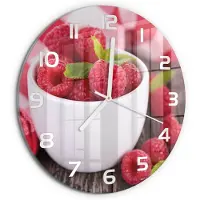 Tulup Wandklok - Frambozen in een kom Moderne Wandklok Glas - fi30 cm - Rood Wandklok Glas Decoratie - Witte handen - Ronde Klok - Glazen Wandklok Design - Klok Glas Met Opdruk