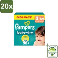 Pampers 20 x – Luiers – Baby Dry Maat 3 – 150 Luiers - Grootverpakking - Vaatwasstrips - Baby-dry Luiers - Lekken Voorkomen - Droge Nachten - Comfortabele Luiers - Stop En Bescherm Pocket