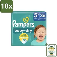 Pampers 10 x – Luiers – Baby-Dry Maat 5+ (12-17 kg) – 36 Luiers - Wasstrips - Baby-luiers - Droge Huid - Droogheid - Absorberende Luiers - Baby Droogheid